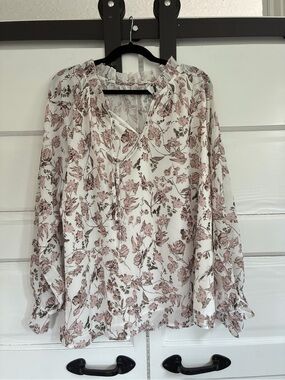 Women's Floral Ruffle Neck Blouse - Pink/White